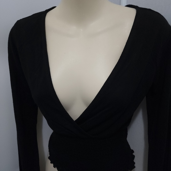 Aus S Glassons Black Wrap Front Long Sleeve Stretch Crop Top - Picture 10 of 16
